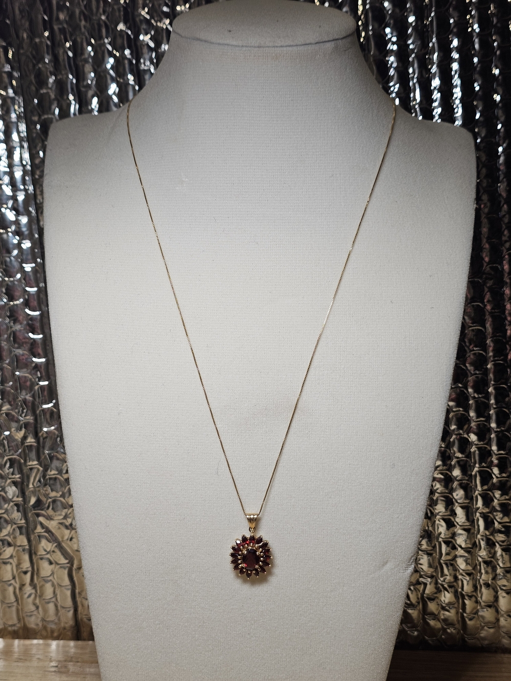 14k Gold Necklace with 10k & Deep Red Garnets Sunburst Pendant - 18½" Length